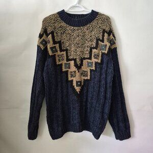 Vtg Street Scenes Men M Navy Blue Acrylic Leather Long Sleeve Cable Knit Sweater